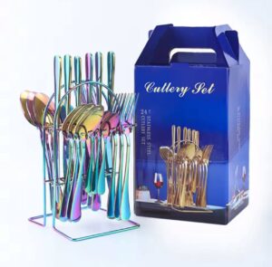 24 Pcs Rainbow Stainless Steel Cutlery Set With Rack