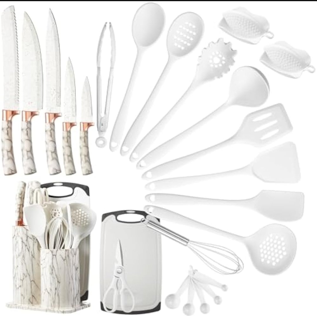 Marble Silicone Kitchen Spoon Knife Set Chopping Board 25 Pieces - Image 3