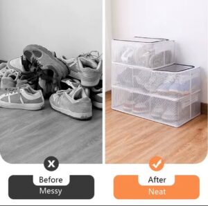 Clear Shoe Storage Box – Stackable Shoe Organizer with Transparent Mesh Design, Durable Plastic Containers for Closet & Bedroom