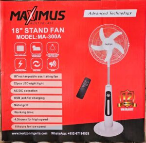 Maximus 18" Rechargeable Stand Fan with Remote Control