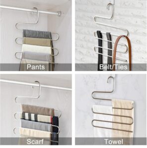S Type Clothes Pants Hangers Stainless Steel Space Saving Hangers 5 Layers Closet Storage Organizer for Jeans Trousers Tie Belt Scarf