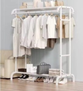 Metal Coat Rack With Top And Bottom Shelf Double Rods Garment Rack, Industrial Pipe Clothes Rack, Organizer For Clothes Shoes and boxes (109 × 50 × 148cm)