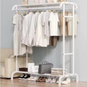 Metal Coat Rack With Top And Bottom Shelf Double Rods Garment Rack, Industrial Pipe Clothes Rack, Organizer For Clothes Shoes and boxes (109 × 50 × 148cm)