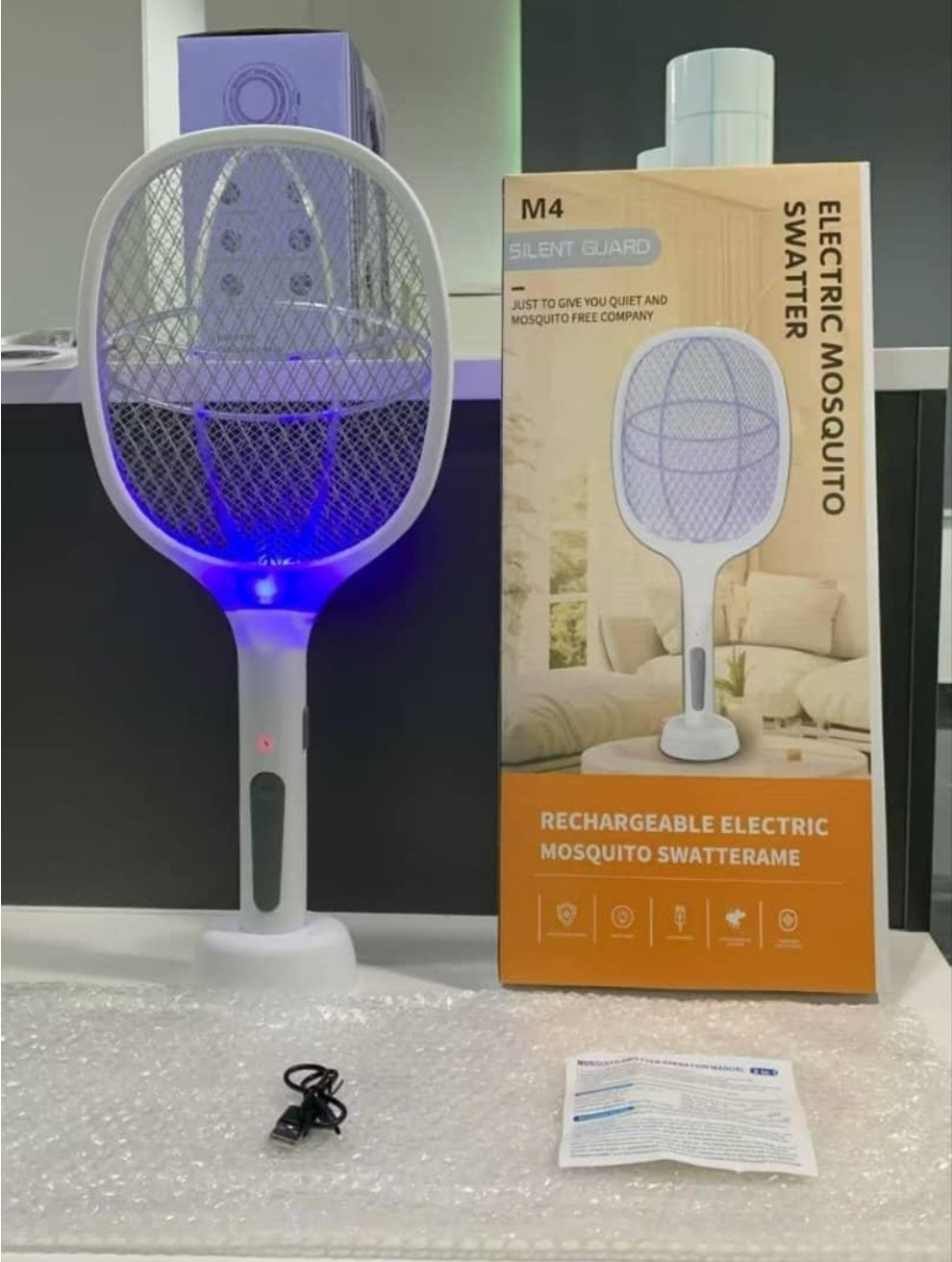 M4 Silent Guard Rechargeable Electric Mosquito Swatter – LED Light, USB Charging, Portable Pest Control