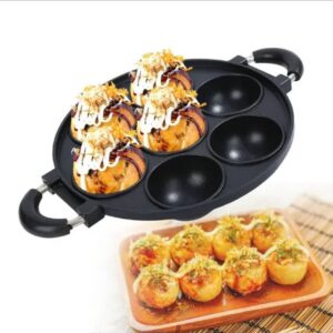7 Holes Burger, Masa, Non Stick Fry Pan With Glass Cover and Free Spatula & Brush