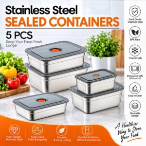 5Pcs Stainless Steel Food Storage Container Set with Vacuum Lid - Airtight & Leakproof Kitchen Organizer for Fridge, Freezer & Meal Prep Containers