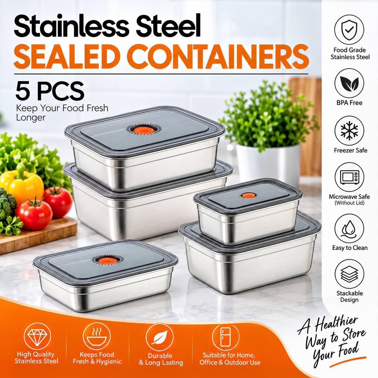 5Pcs Stainless Steel Food Storage Container Set with Vacuum Lid - Airtight & Leakproof Kitchen Organizer for Fridge, Freezer & Meal Prep Containers